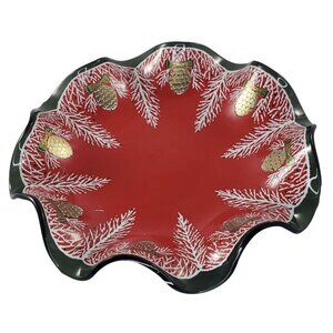 Vintage Glass Ruffled Christmas Decorative Plate Pinecone Red Black Candy Dish